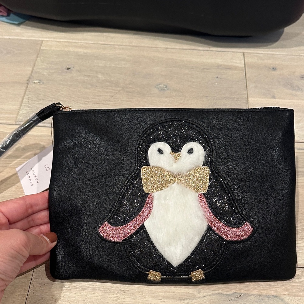 LC Lauren Conrad Penguin Black Clutch Bag with Gold and Pink Accents